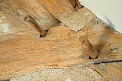 Joints in a pre-modern French roof; the wooden pegs hold the mortise and tenon joinery together.