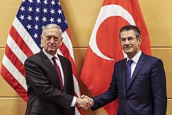 US Secretary of Defense James Mattis and Turkish Defense Minister Nurettin Canikli at NATO headquarters in Brussels, February 2018