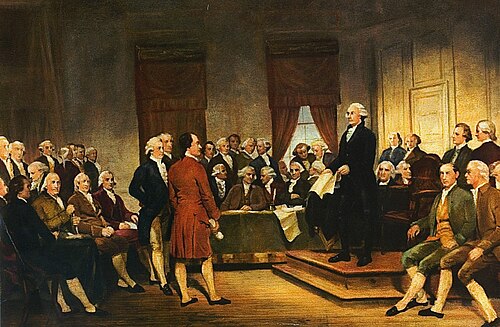 A painting depicting George Washington at the Constitutional Convention of 1787 signing of the U.S. Constitution
