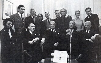 The Sur editorial team in 1961: Ocampo, in the center, between Adolfo Bioy Casares, Alicia Jurado and Jorge Luis Borges.