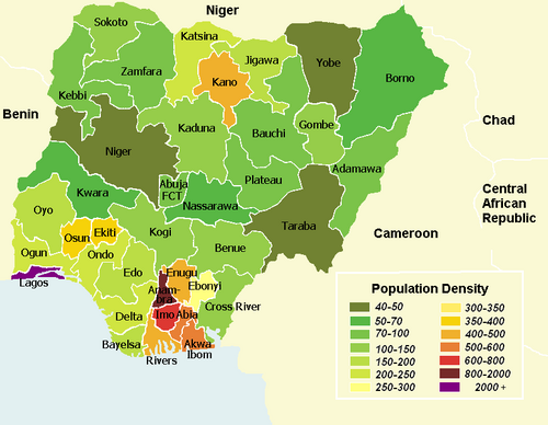 Population density (persons per square kilometre) in Nigeria
