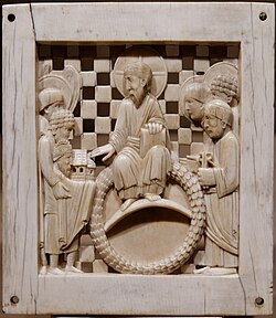 10th-century Ottonian ivory plaque from the Magdeburg Ivories; Christ receiving a church from Otto I
