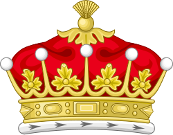 Illustration of a coronet shown from the side with four strawberry leaves and five silver balls on stalks visible