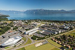 Aerial view of the EPFL, which forms a large campus with the University of Lausanne (UNIL) at the shores of Lake Geneva