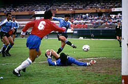 Pablo Bengoechea scoring the only goal for Uruguay
