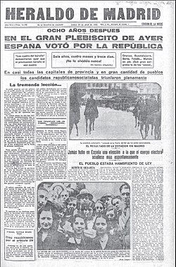 13 April 1931 Heraldo de Madrid frontpage reporting the Republican victory