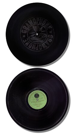 A multinational product: an operatic duet sung by Enrico Caruso and Antonio Scotti, recorded in the US in 1906 by the Victor Talking Machine Company, manufactured c. 1908 in Hanover, Germany, for the Gramophone Company, Victor's affiliate in England