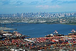 The Port of New York and New Jersey, U.S., grew from the original harbor at the convergence of the Hudson River and the East River at the Upper New York Bay.