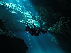 Halocline visible at the cenote Chac Mool, Mexico. The freshwater lies above the denser saltwater. In this photo, the visible water distortion from the halocline can be seen below the diver.