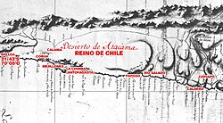 1793 Andrés Baleato's map showing the internal border of Chile and Peru in the Loa River during the Spanish Empire with Calama in the jurisdiciton of Chile.
