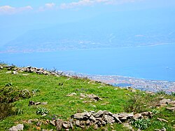 The bottleneck of the Strait of Messina, point of transit of the migrations, seen from the Peloritani mountains, Sicily