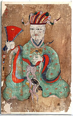 Damaged painting of a humanoid god holding a paper fan