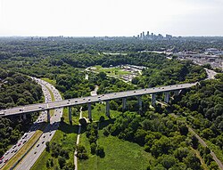 Leaside Bridge crossing the Don valley ravine in 2023. The Toronto ravine system and its waterways cut through the city's landscape.