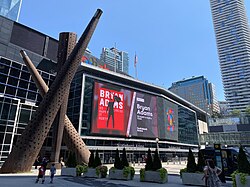 Scotiabank Arena from Bremner Boulevard. The NBA's Toronto Raptors and the NHL's Toronto Maple Leafs play their home games at the arena.