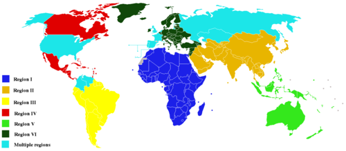 The member states of the World Meteorological Organization divided into the six regional associations, shown on a world map