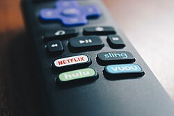 A digital media player remote control with dedicated buttons for streaming television services