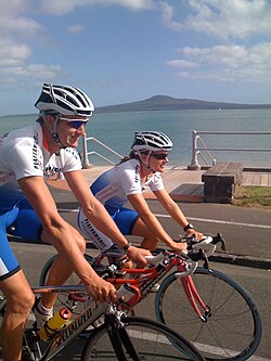 Sports cyclists on Tamaki Drive, the busiest cycling route of the city (which carries a lot of commuting bicycle traffic as well and sees over 200,000 cycling trips a year)[13]