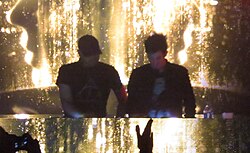 Knife Party performing live. The duo formed as a side project by Pendulum members Rob Swire and Gareth McGrillen.