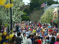 Participants in the 2010 Boston Marathon in Wellesley, just after the halfway mark
