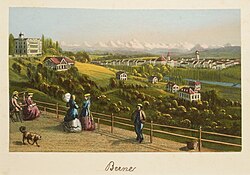View of Bern and the Bernese Alps from "Schänzli", c. 1870. Etching by Heinrich Müller