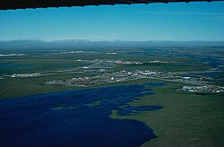 An aerial view of infrastructure at the Prudhoe Bay Oil Field