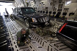 The presidential limousine being sent via Boeing C-17 prior to the arrival of Air Force One