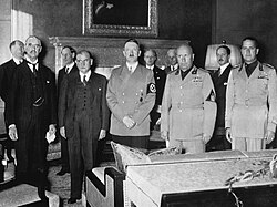 From left to right: Chamberlain, Daladier, Hitler, Mussolini, and Ciano pictured just before signing the Munich Agreement, 29 September 1938