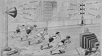 A Berliner Illustrirte Zeitung cartoon published during the 1936 Olympics in Berlin envisions the Olympics in 2000, when spectators would be replaced by television and radio, with the cheers of spectators broadcast through loudspeakers. Almost a century after the prediction, spectators still watch the Games in person and by globally-broadcast television coverage.