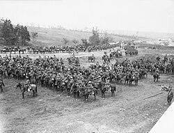 Battle of Bazentin Ridge, Battle of the Somme: the 20th Deccan Horse drawn up in ranks in the Carnoy Valley waiting for the opportunity to attack.