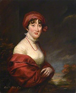 "Honble Miss Fox", 1810 portrait by James Northcote (1746–1831) of Hon. Caroline Fox (1767–1845), then aged 43, only daughter of Stephen Fox, 2nd Baron Holland. Collection of Royal Albert Memorial Museum, Exeter, Devon