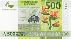 A 500-CFP franc (€4.20; US$5.00) banknote, used in French Polynesia, New Caledonia and Wallis and Futuna