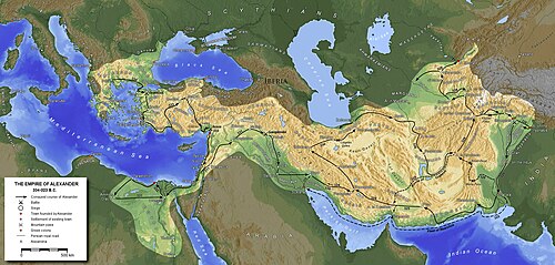 Map of the Macedonian Empire, established by the military conquests of Alexander the Great in 334–323 BC.