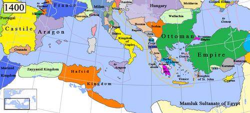 A map of the Mediterranean states in 1400. The East-West Schism began in 1054 and continues, while the Western Schism lasted from 1378 to 1417.