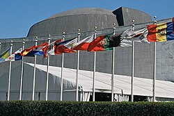 Various national flags at the headquarters of the United Nations