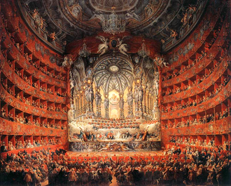 A large instrumental ensemble's performance in the lavish Teatro Argentina, as depicted by Panini (1747)