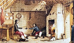 Gauchos drinking mate at a salting plant in Valle Esperanza, located in the centre of East Falkland in the 1850s.
