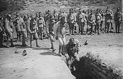 Portuguese troops training with gas masks in the Western Front.