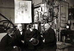 Heike Kamerlingh Onnes (right), the discoverer of superconductivity. Paul Ehrenfest, Hendrik Lorentz, Niels Bohr stand to his left.