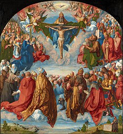 The Adoration of the Trinity by Albrecht Dürer (1511). From top to bottom: Holy Spirit (dove), God the Father and Christ on the cross.