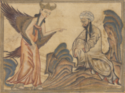 Muhammad receiving his first revelation from the angel Gabriel. From the manuscript Jami' al-Tawarikh by Rashid-al-Din Hamadani, 1307.