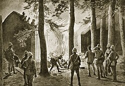 1900, soldiers burned down the Temple, Shanhai Pass – The destruction of a Chinese temple on the bank of the Pei-Ho, by Amédée Forestier