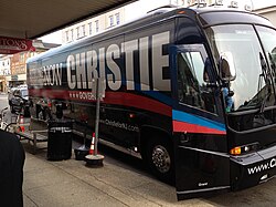 Christie's campaign bus pulls out front of Stainton Square in Ocean City, New Jersey.