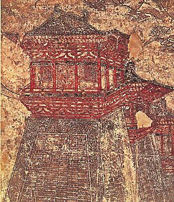 Que 闕 towers along the walls of Tang-era Chang'an, as depicted in this 8th-century mural from Prince Li Chongrun's tomb at the Qianling Mausoleum in Shaanxi