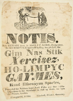 The 1834 handbill, written in phonetic vernacular, advertising "Ho-limpyc Gaymes" in Oswestry, Shropshire, England