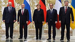 Poroshenko with German Chancellor Angela Merkel, French President François Hollande, Russian President Vladimir Putin and Belarusian President Alexander Lukashenko in Minsk, 11 February 2015