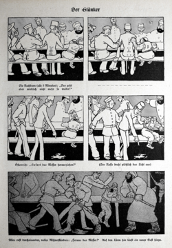 The cartoon "Der Stänker" ("The Troublemaker", literally "The Stinker"), published in the German magazine Kladderadatsch on 9 August 1914, portrays a personified Serbia as the instigator of the July Crisis[a]