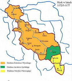 Silesia in the early period of Poland's fragmentation, 1172–1177, Lower Silesia with Lubusz Land in orange, Upper Silesia in green and yellow