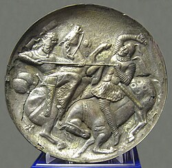 Sasanian silver plate showing lance combat between two nobles