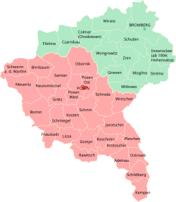 Regierungsbezirke Posen (pink) and Bromberg (green) and Kreise subdivisions