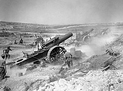 BL 8-inch Howitzer Mk 1 – 5 8 in (200 mm) howitzers of the 39th Siege Battery, Royal Garrison Artillery, in action near Fricourt in World War I.
